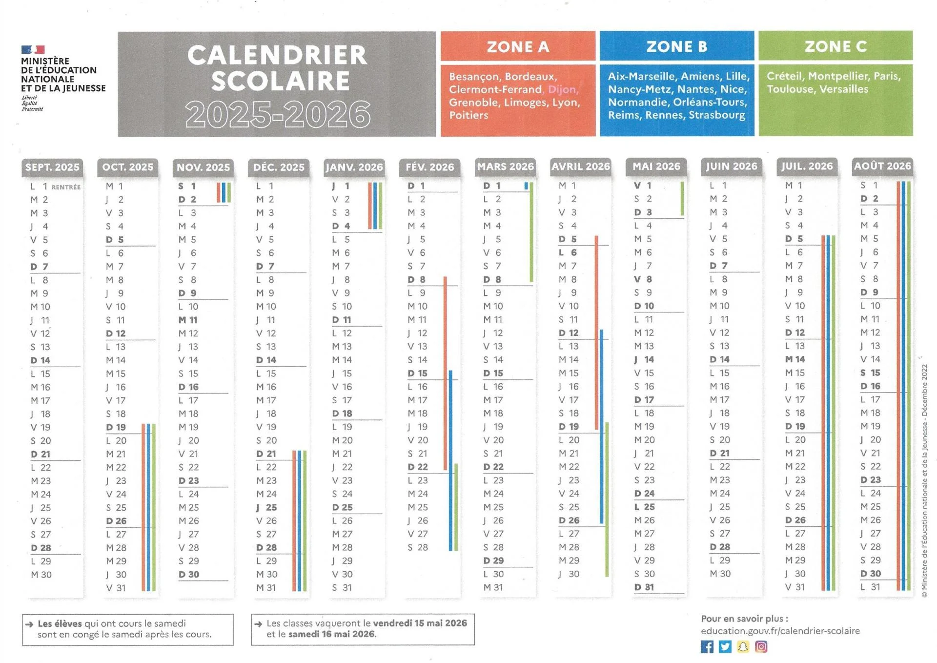 Calendrier scolaire 2025 2026