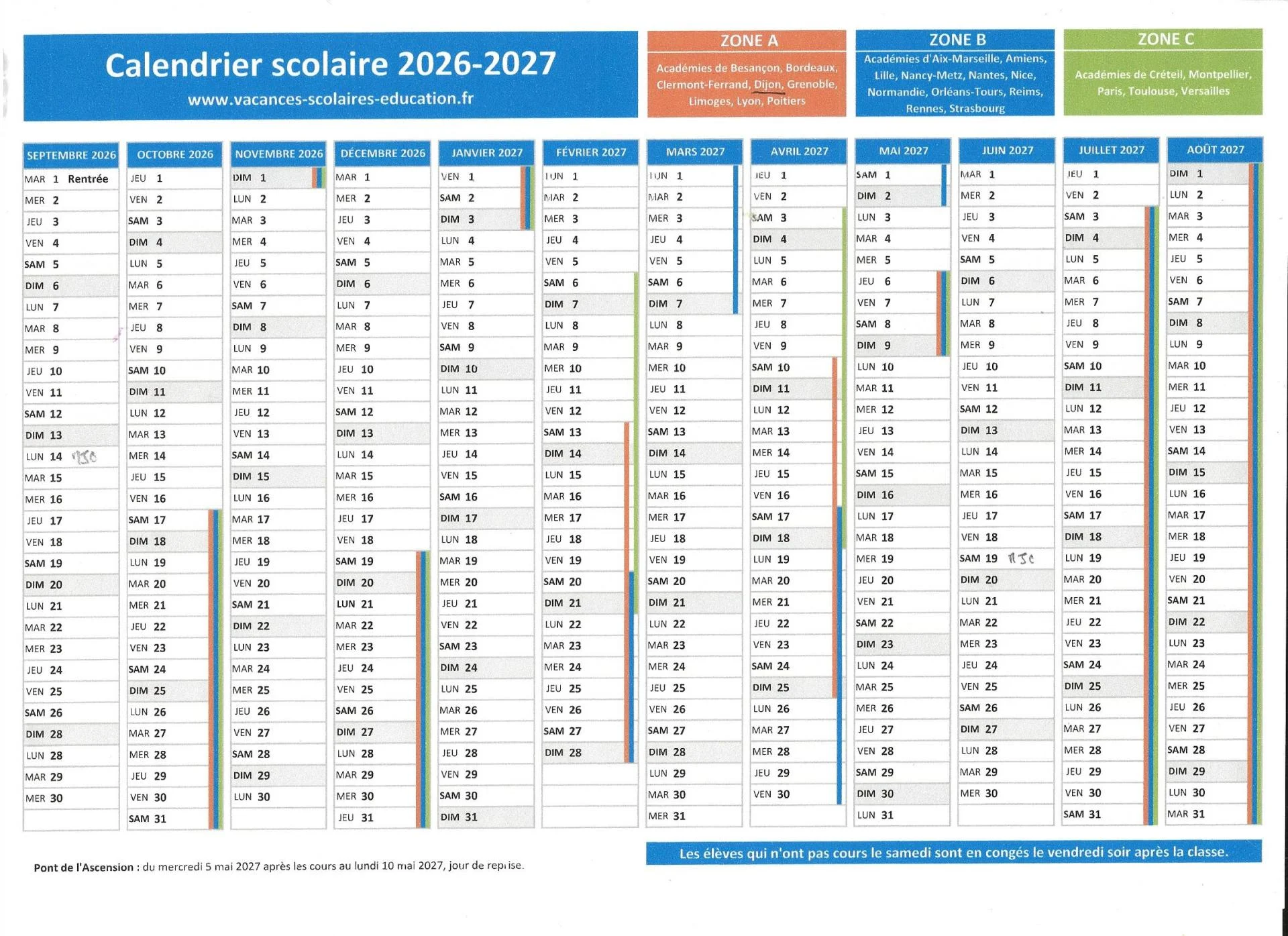 Calendrier scolaire 2026 2027