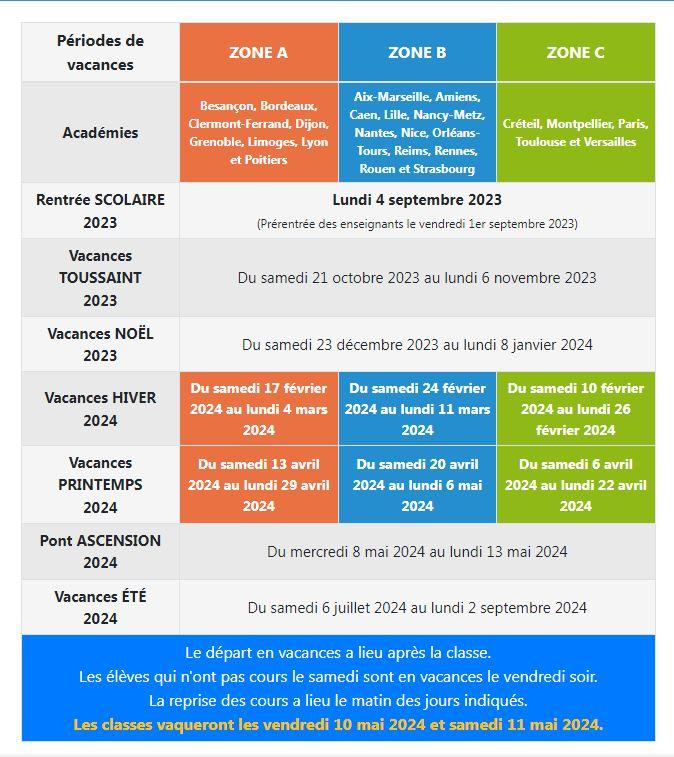 Calendrier vacances scolaires 2023 24