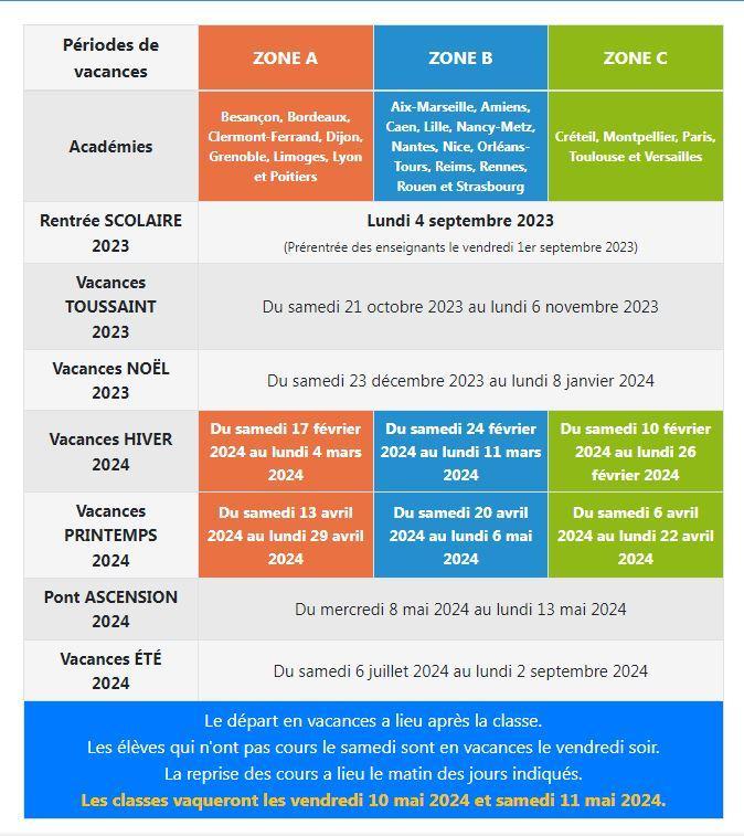 Calendrier scolaire 2023 2024